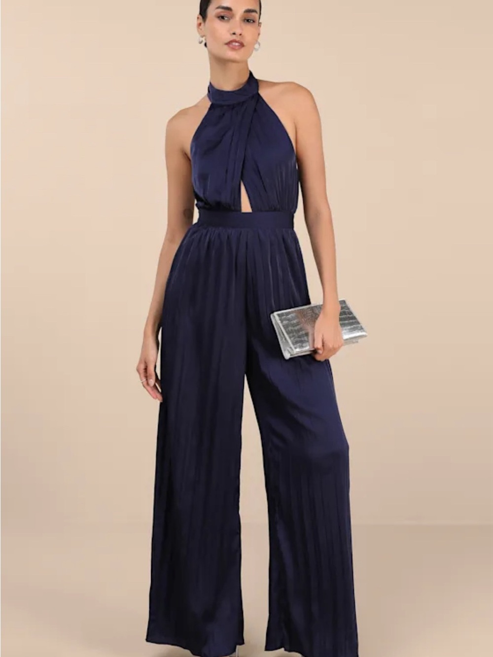 Lulu's Navy Halter Pleated Wide-Leg Jumpsuit